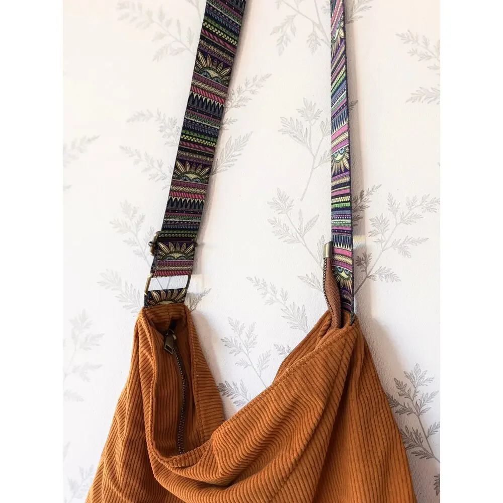 Brown Corduroy Hobo Bag Boho Multicolor Tribal Strap Slouchy Shoulder Purse